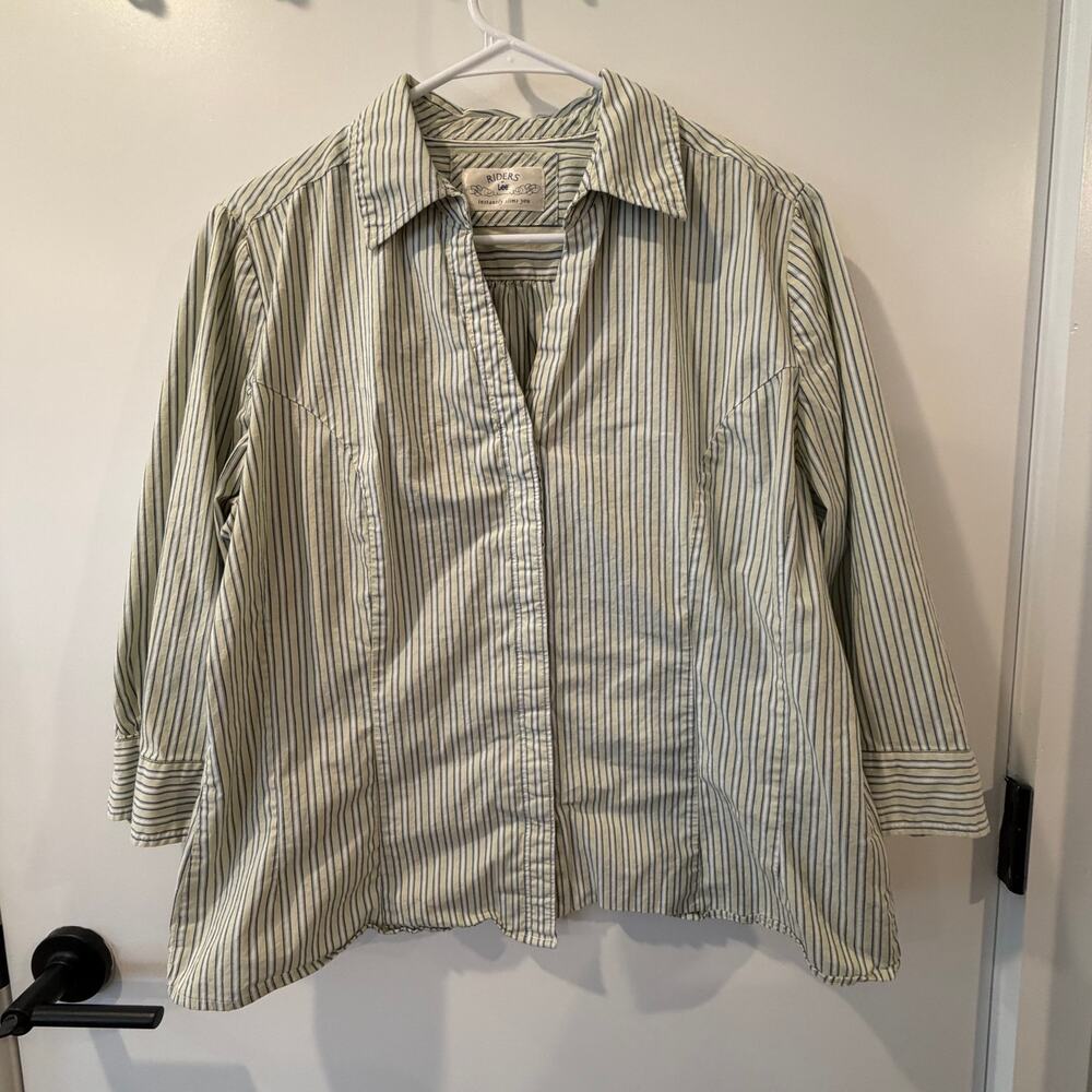 Riders by Lee Plus Size Button Down Classic Stripes 3/4 Sleeve Cream Pale Yellow